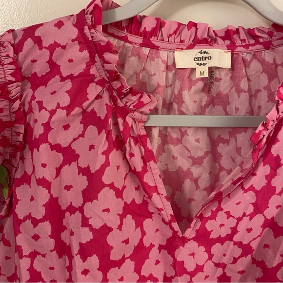 entro Pink Floral Ruffle Sleeve Blouse with Lime Trim - Picture 3 of 4